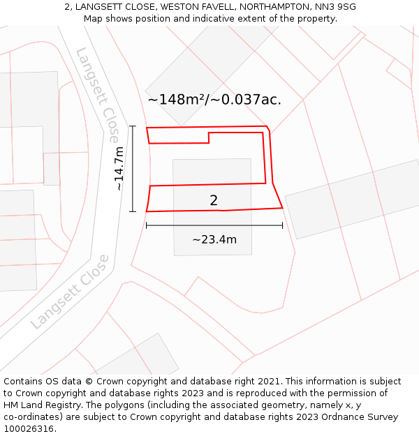 2, LANGSETT CLOSE, WESTON FAVELL, NORTHAMPTON, NN3 9SG: Plot and title map