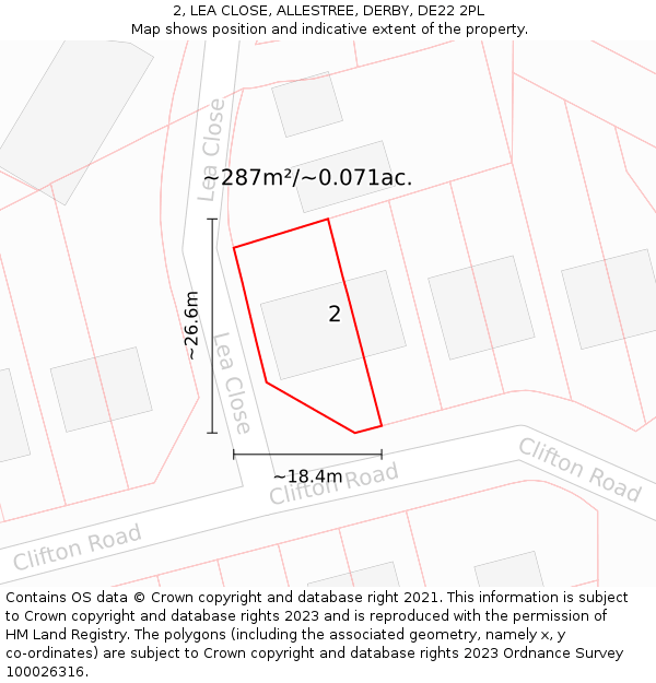 2, LEA CLOSE, ALLESTREE, DERBY, DE22 2PL: Plot and title map