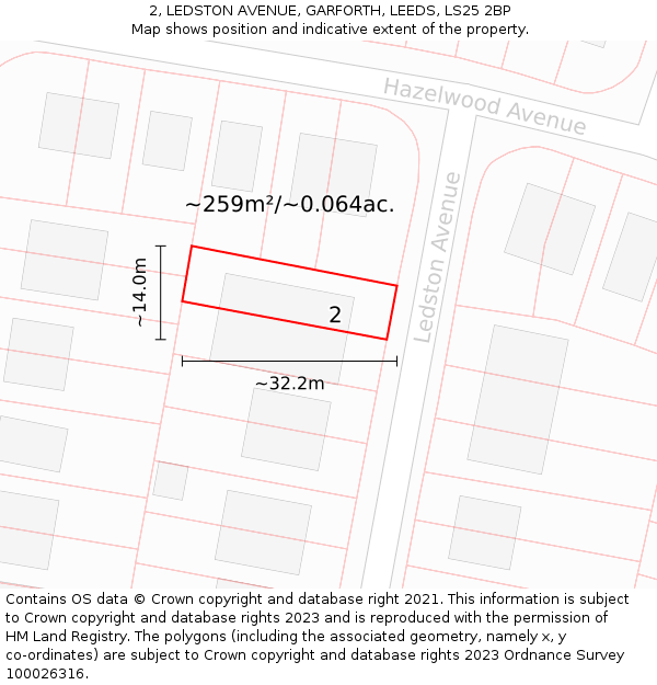 2, LEDSTON AVENUE, GARFORTH, LEEDS, LS25 2BP: Plot and title map