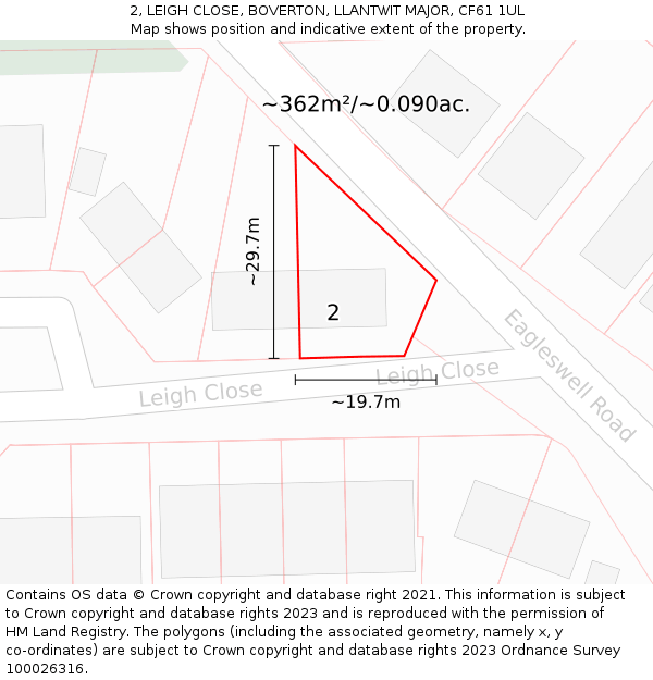 2, LEIGH CLOSE, BOVERTON, LLANTWIT MAJOR, CF61 1UL: Plot and title map