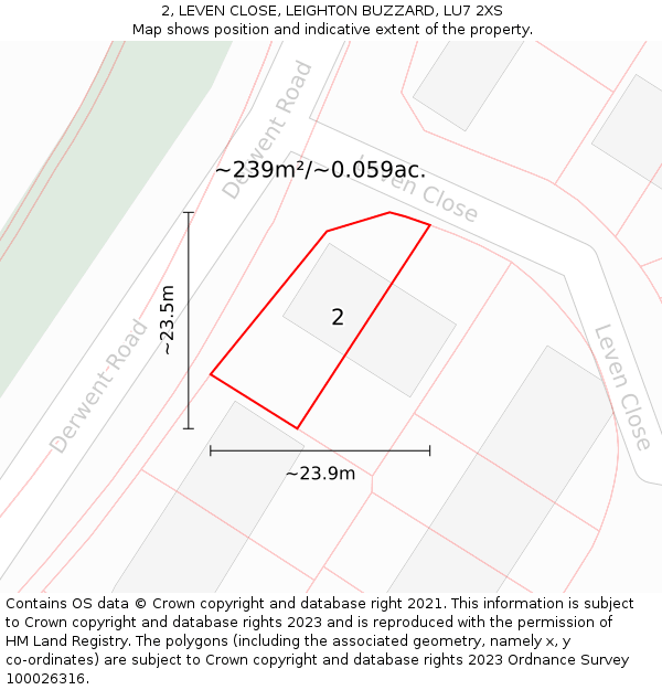 2, LEVEN CLOSE, LEIGHTON BUZZARD, LU7 2XS: Plot and title map
