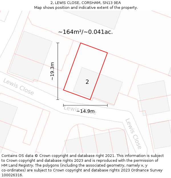 2, LEWIS CLOSE, CORSHAM, SN13 9EA: Plot and title map
