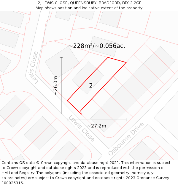 2, LEWIS CLOSE, QUEENSBURY, BRADFORD, BD13 2GF: Plot and title map