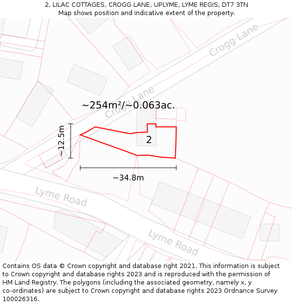 2, LILAC COTTAGES, CROGG LANE, UPLYME, LYME REGIS, DT7 3TN: Plot and title map