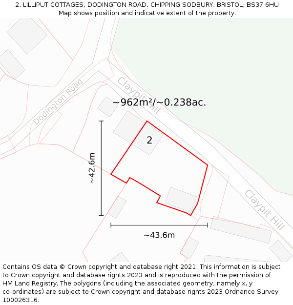2, LILLIPUT COTTAGES, DODINGTON ROAD, CHIPPING SODBURY, BRISTOL, BS37 6HU: Plot and title map