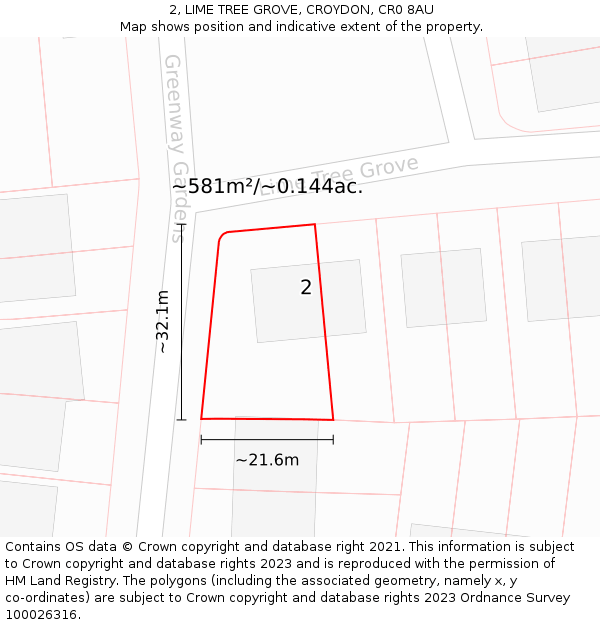 2, LIME TREE GROVE, CROYDON, CR0 8AU: Plot and title map
