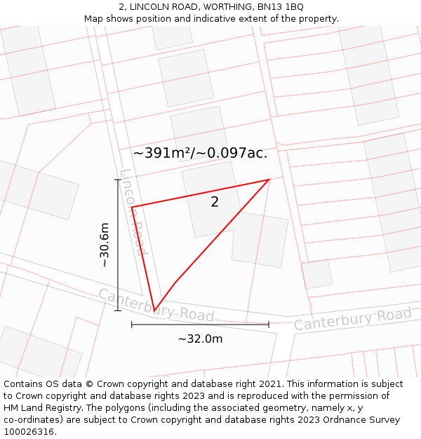 2, LINCOLN ROAD, WORTHING, BN13 1BQ: Plot and title map