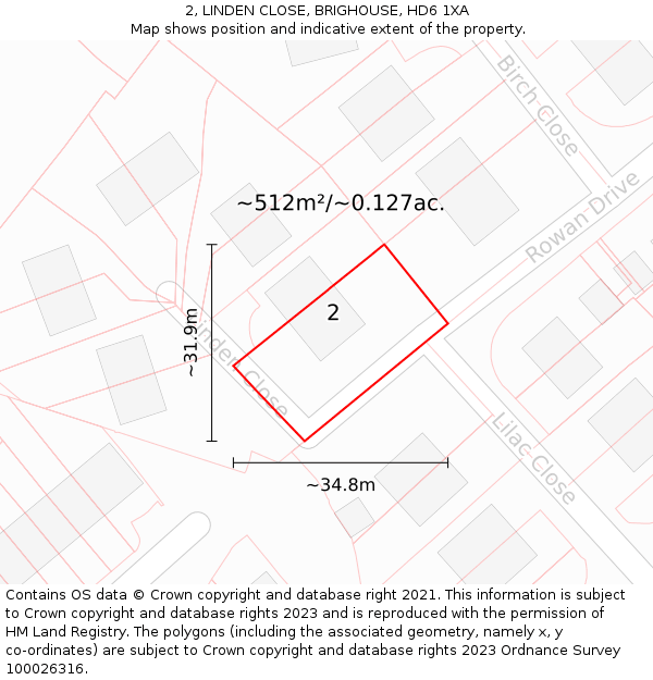 2, LINDEN CLOSE, BRIGHOUSE, HD6 1XA: Plot and title map