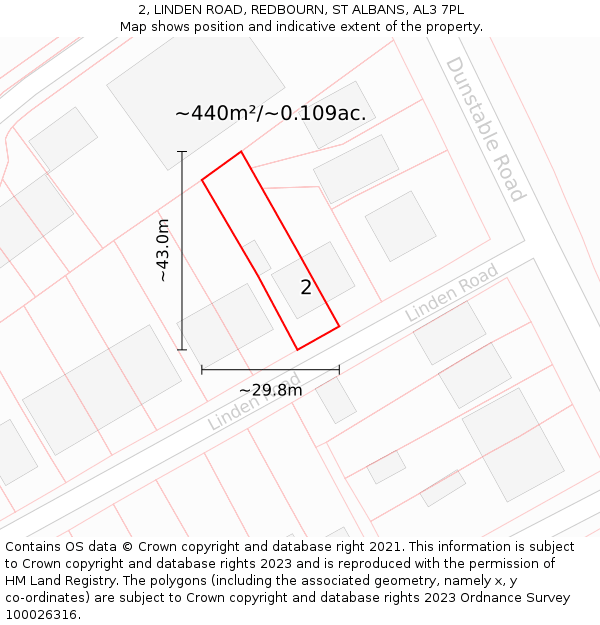 2, LINDEN ROAD, REDBOURN, ST ALBANS, AL3 7PL: Plot and title map