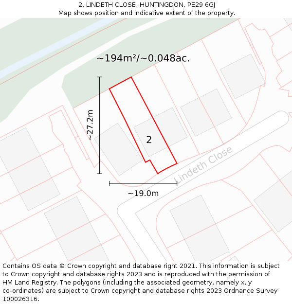 2, LINDETH CLOSE, HUNTINGDON, PE29 6GJ: Plot and title map
