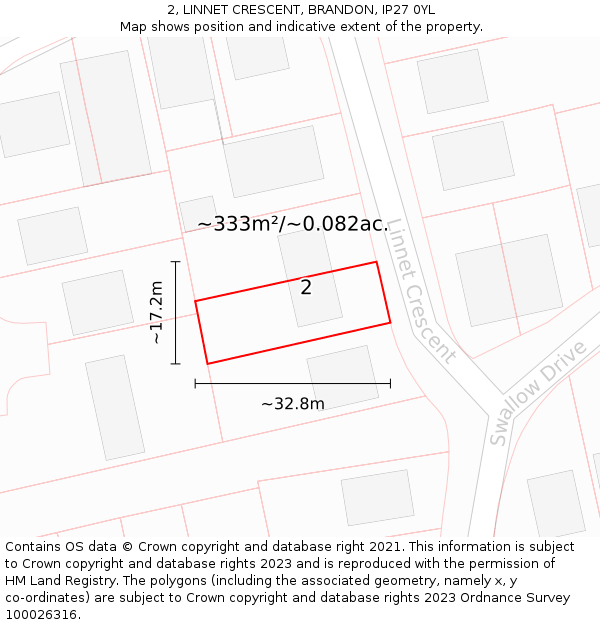 2, LINNET CRESCENT, BRANDON, IP27 0YL: Plot and title map