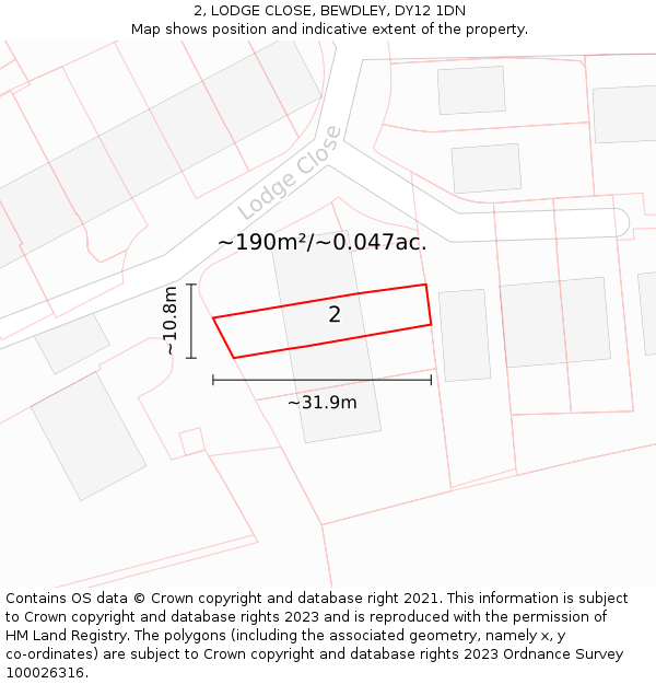 2, LODGE CLOSE, BEWDLEY, DY12 1DN: Plot and title map