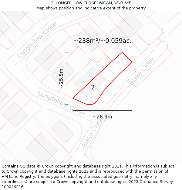 2, LONGFELLOW CLOSE, WIGAN, WN3 5YB: Plot and title map