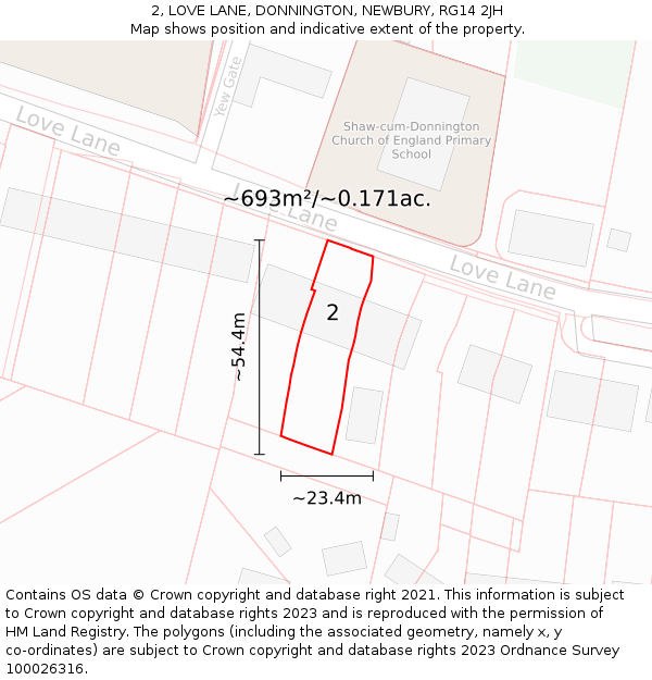 2, LOVE LANE, DONNINGTON, NEWBURY, RG14 2JH: Plot and title map