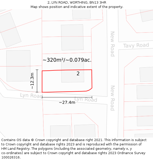 2, LYN ROAD, WORTHING, BN13 3HR: Plot and title map