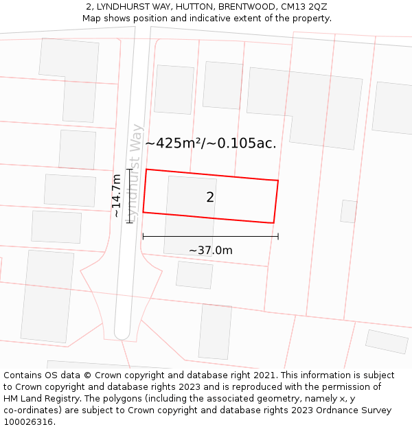 2, LYNDHURST WAY, HUTTON, BRENTWOOD, CM13 2QZ: Plot and title map