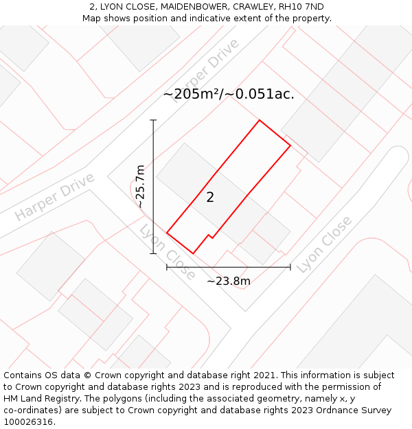 2, LYON CLOSE, MAIDENBOWER, CRAWLEY, RH10 7ND: Plot and title map