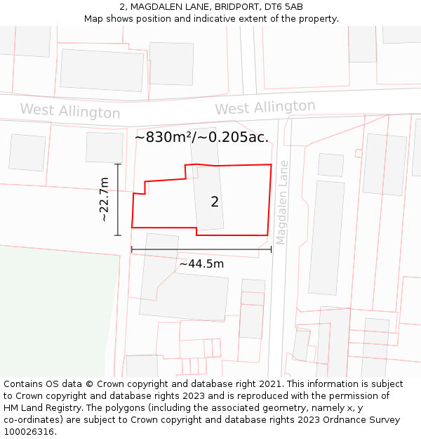 2, MAGDALEN LANE, BRIDPORT, DT6 5AB: Plot and title map