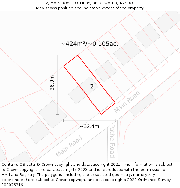 2, MAIN ROAD, OTHERY, BRIDGWATER, TA7 0QE: Plot and title map