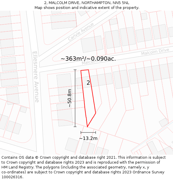2, MALCOLM DRIVE, NORTHAMPTON, NN5 5NL: Plot and title map