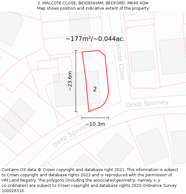 2, MALCOTE CLOSE, BIDDENHAM, BEDFORD, MK40 4QW: Plot and title map