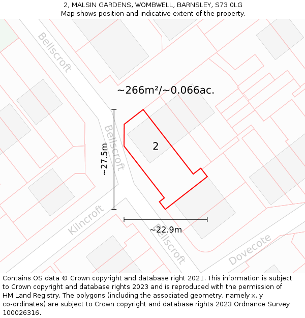 2, MALSIN GARDENS, WOMBWELL, BARNSLEY, S73 0LG: Plot and title map