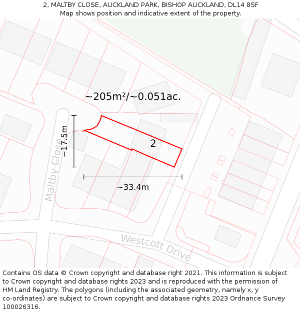 2, MALTBY CLOSE, AUCKLAND PARK, BISHOP AUCKLAND, DL14 8SF: Plot and title map