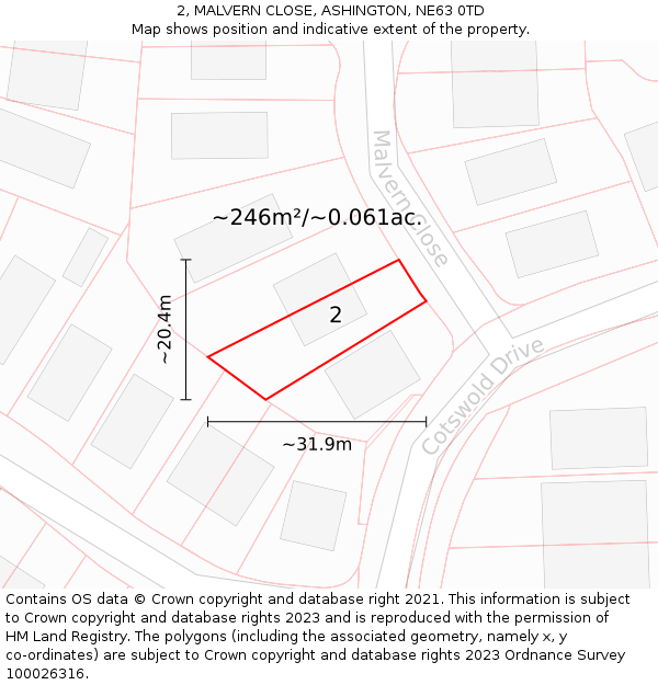 2, MALVERN CLOSE, ASHINGTON, NE63 0TD: Plot and title map