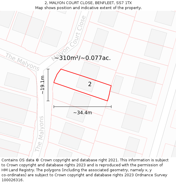 2, MALYON COURT CLOSE, BENFLEET, SS7 1TX: Plot and title map