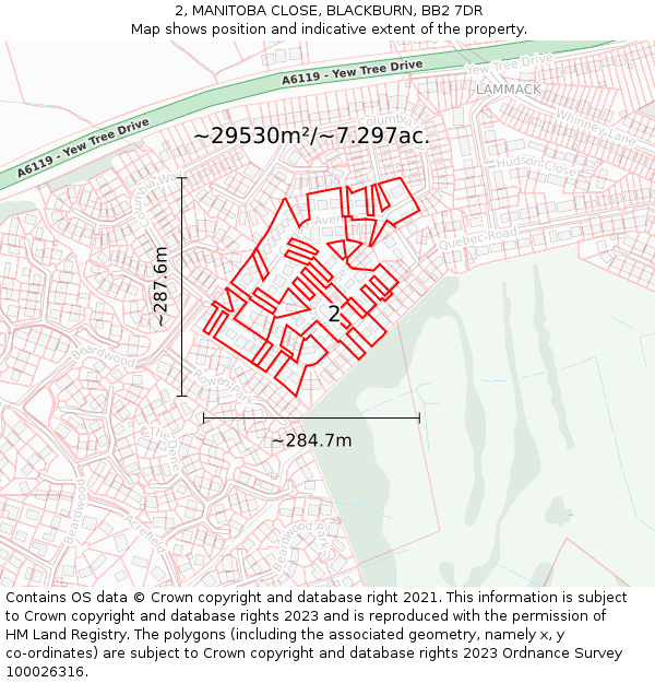 2, MANITOBA CLOSE, BLACKBURN, BB2 7DR: Plot and title map