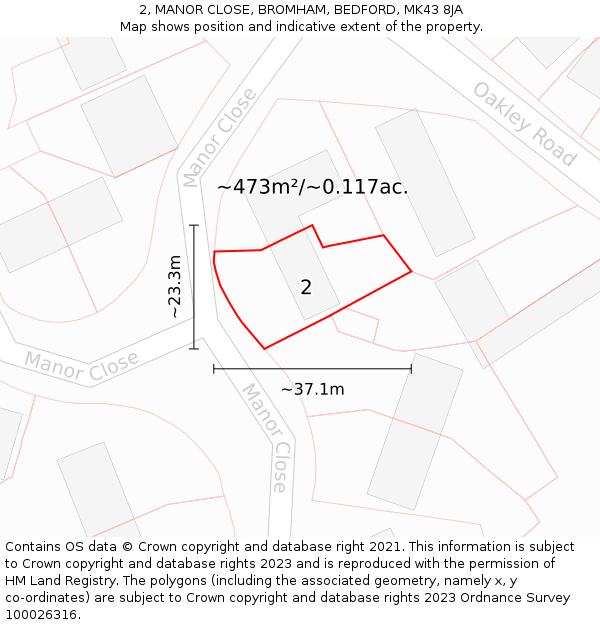 2, MANOR CLOSE, BROMHAM, BEDFORD, MK43 8JA: Plot and title map