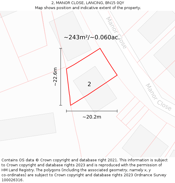 2, MANOR CLOSE, LANCING, BN15 0QY: Plot and title map