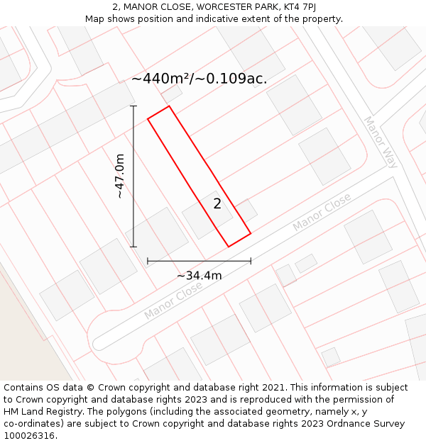 2, MANOR CLOSE, WORCESTER PARK, KT4 7PJ: Plot and title map