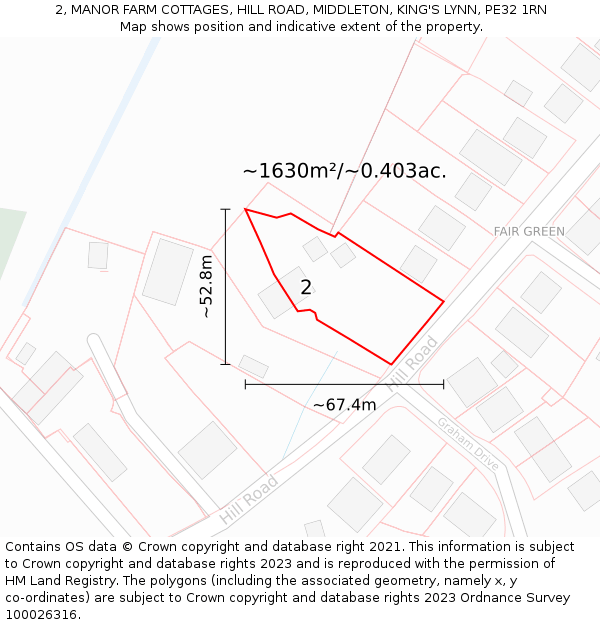 2, MANOR FARM COTTAGES, HILL ROAD, MIDDLETON, KING'S LYNN, PE32 1RN: Plot and title map