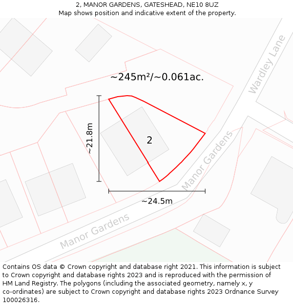 2, MANOR GARDENS, GATESHEAD, NE10 8UZ: Plot and title map