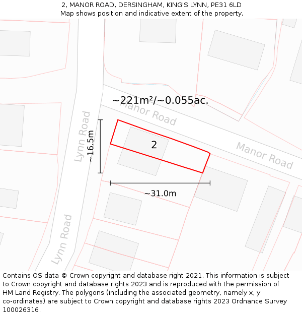 2, MANOR ROAD, DERSINGHAM, KING'S LYNN, PE31 6LD: Plot and title map
