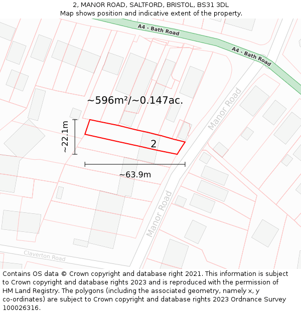 2, MANOR ROAD, SALTFORD, BRISTOL, BS31 3DL: Plot and title map