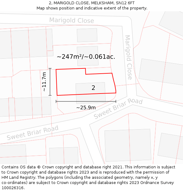2, MARIGOLD CLOSE, MELKSHAM, SN12 6FT: Plot and title map