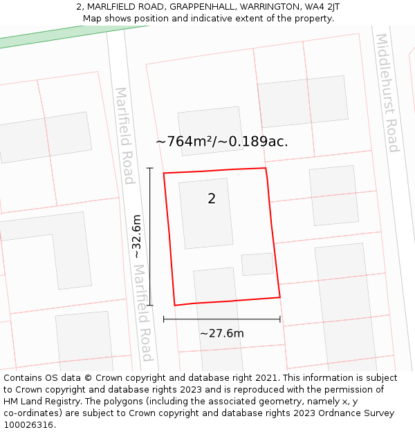 2, MARLFIELD ROAD, GRAPPENHALL, WARRINGTON, WA4 2JT: Plot and title map