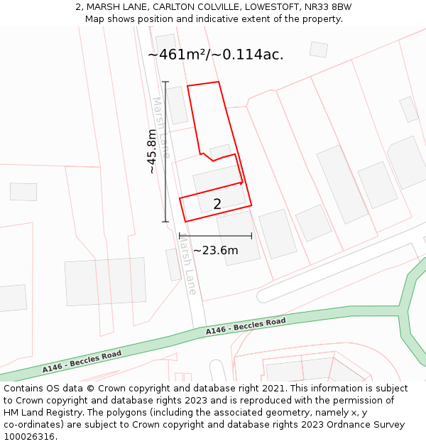 2, MARSH LANE, CARLTON COLVILLE, LOWESTOFT, NR33 8BW: Plot and title map