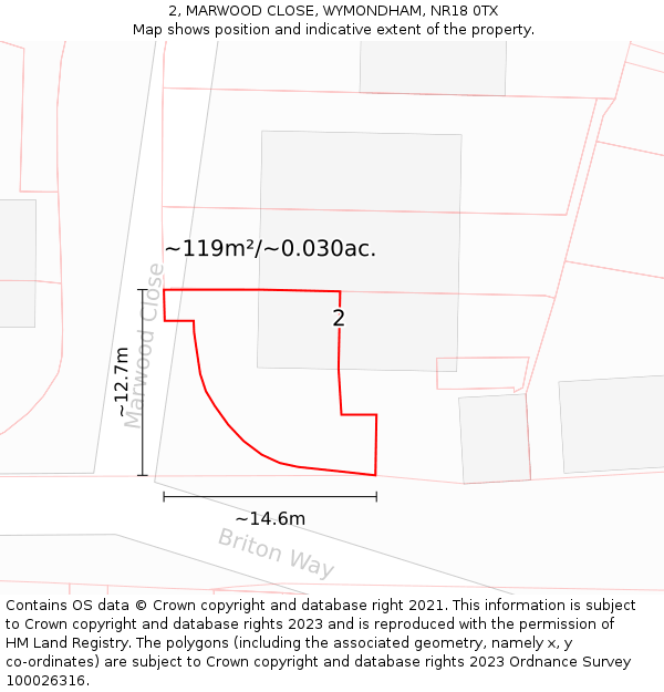 2, MARWOOD CLOSE, WYMONDHAM, NR18 0TX: Plot and title map