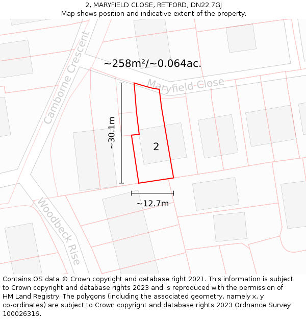 2, MARYFIELD CLOSE, RETFORD, DN22 7GJ: Plot and title map