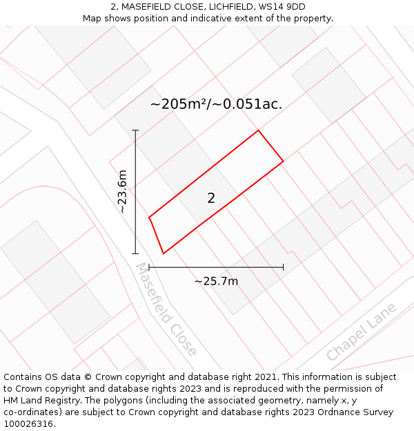 2, MASEFIELD CLOSE, LICHFIELD, WS14 9DD: Plot and title map