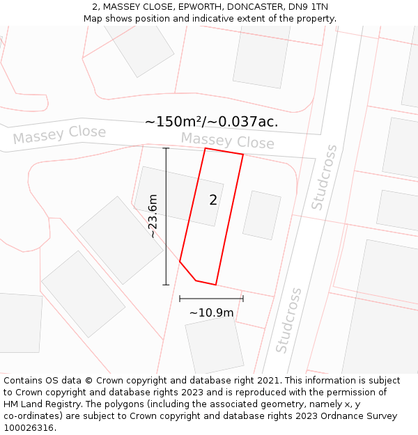 2, MASSEY CLOSE, EPWORTH, DONCASTER, DN9 1TN: Plot and title map