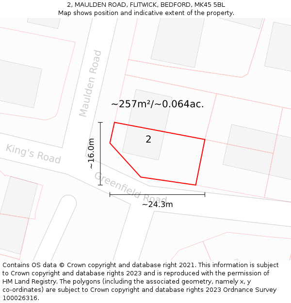 2, MAULDEN ROAD, FLITWICK, BEDFORD, MK45 5BL: Plot and title map