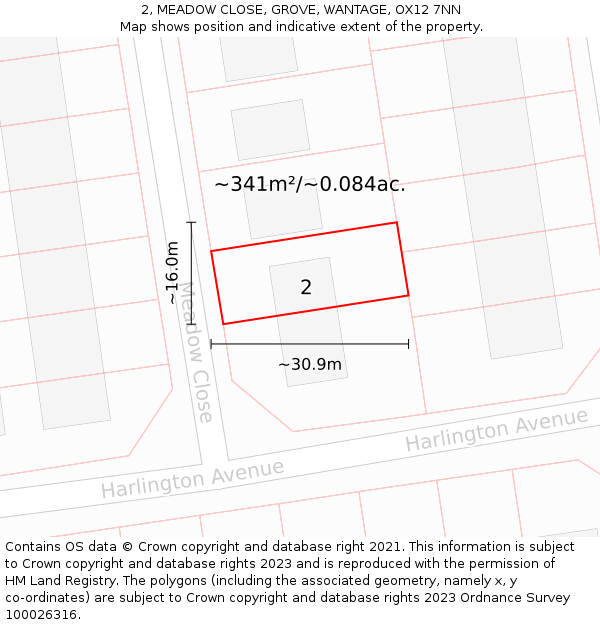 2, MEADOW CLOSE, GROVE, WANTAGE, OX12 7NN: Plot and title map