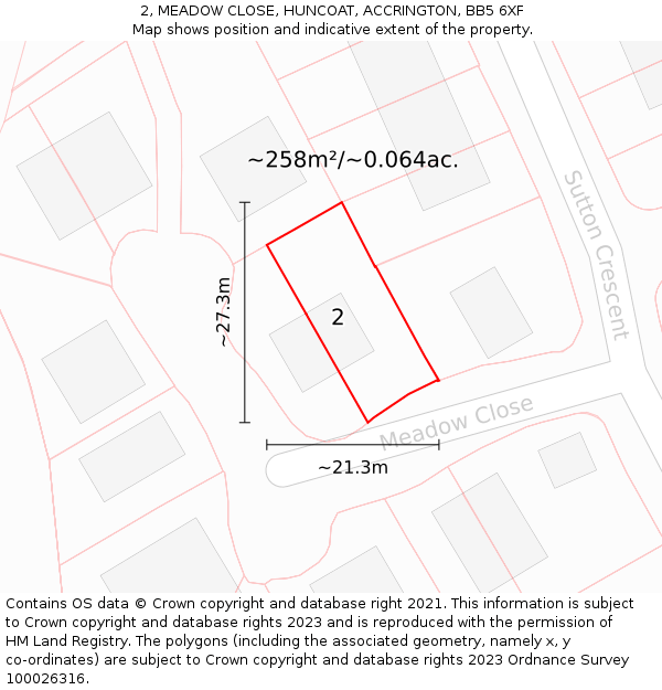 2, MEADOW CLOSE, HUNCOAT, ACCRINGTON, BB5 6XF: Plot and title map