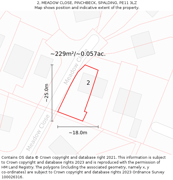 2, MEADOW CLOSE, PINCHBECK, SPALDING, PE11 3LZ: Plot and title map