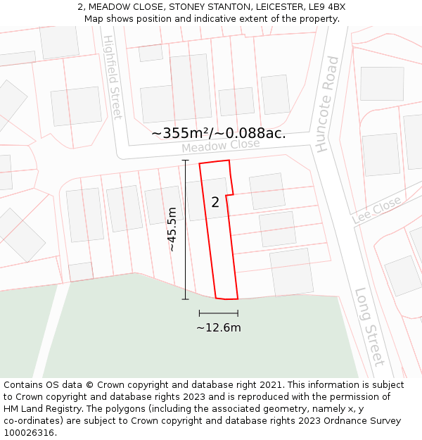 2, MEADOW CLOSE, STONEY STANTON, LEICESTER, LE9 4BX: Plot and title map