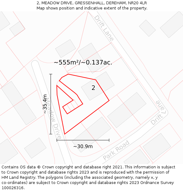2, MEADOW DRIVE, GRESSENHALL, DEREHAM, NR20 4LR: Plot and title map